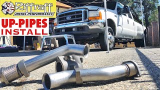 2001 F350 73  RiffRaff UpPipes Install  Stock up pipes leaking and falling apart JUNK SP [upl. by Gentilis105]